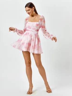 Lantern Sleeve Backless Floral Mini Dress