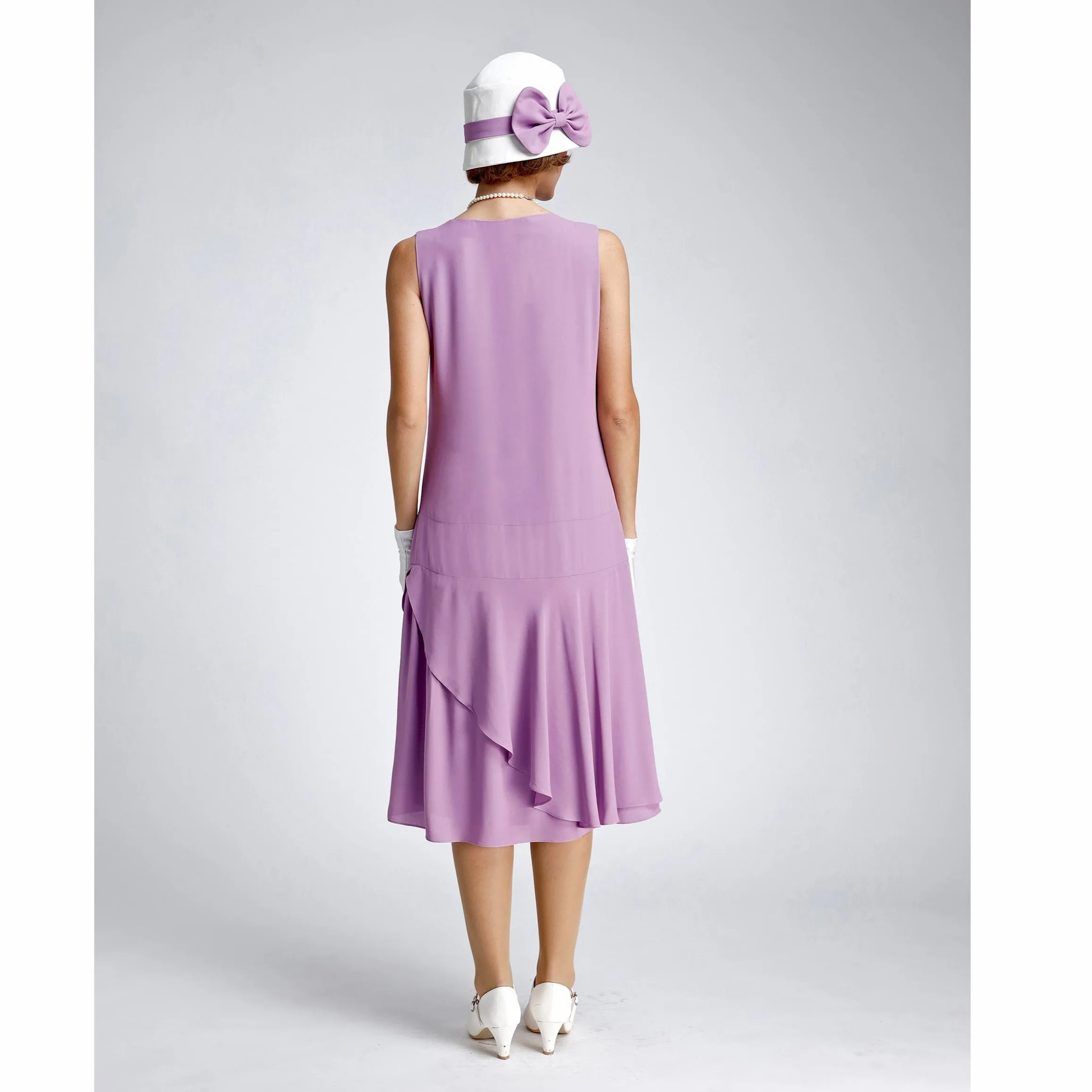 Lavender crepe georgette 1920s dress with a ruffled skirt detail