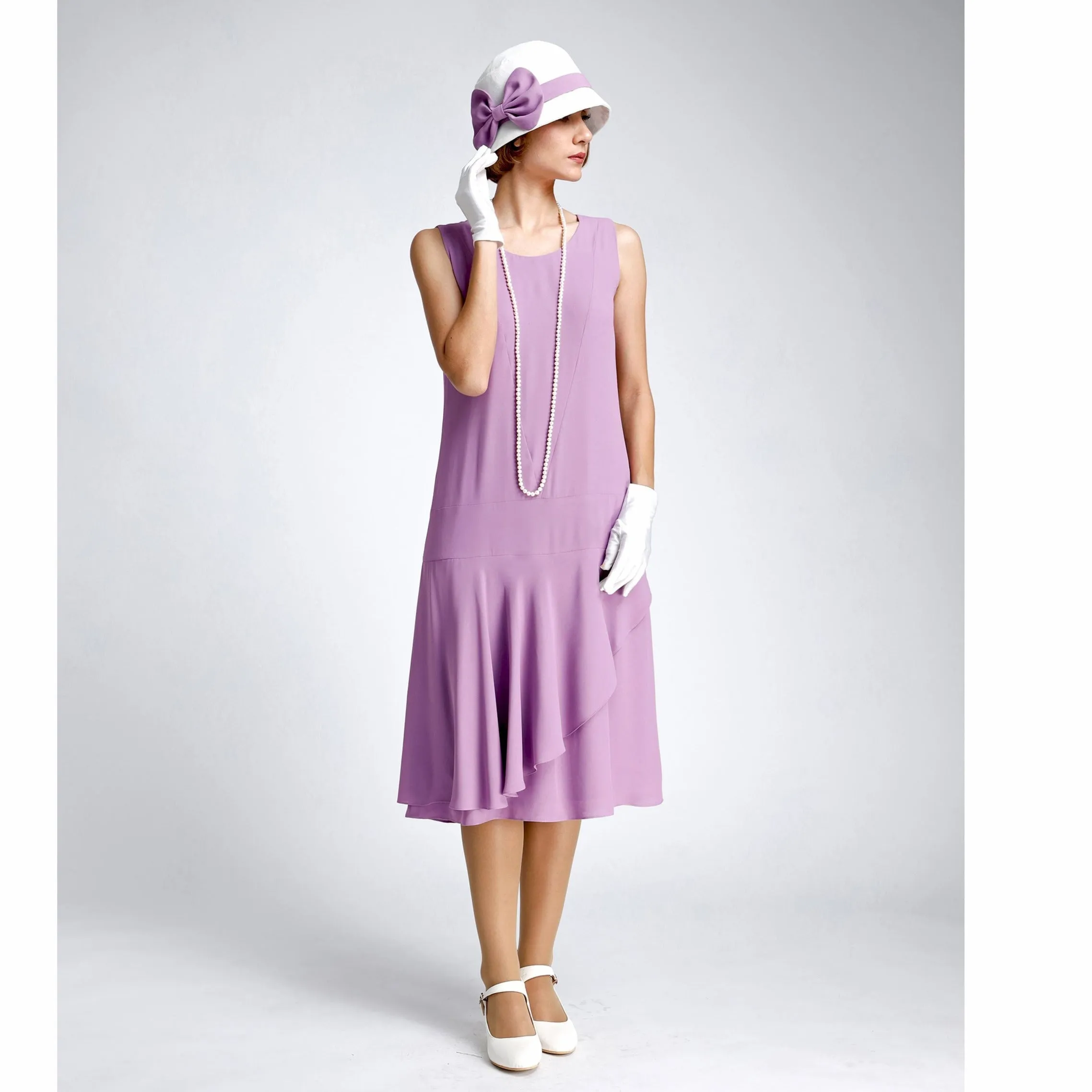 Lavender crepe georgette 1920s dress with a ruffled skirt detail