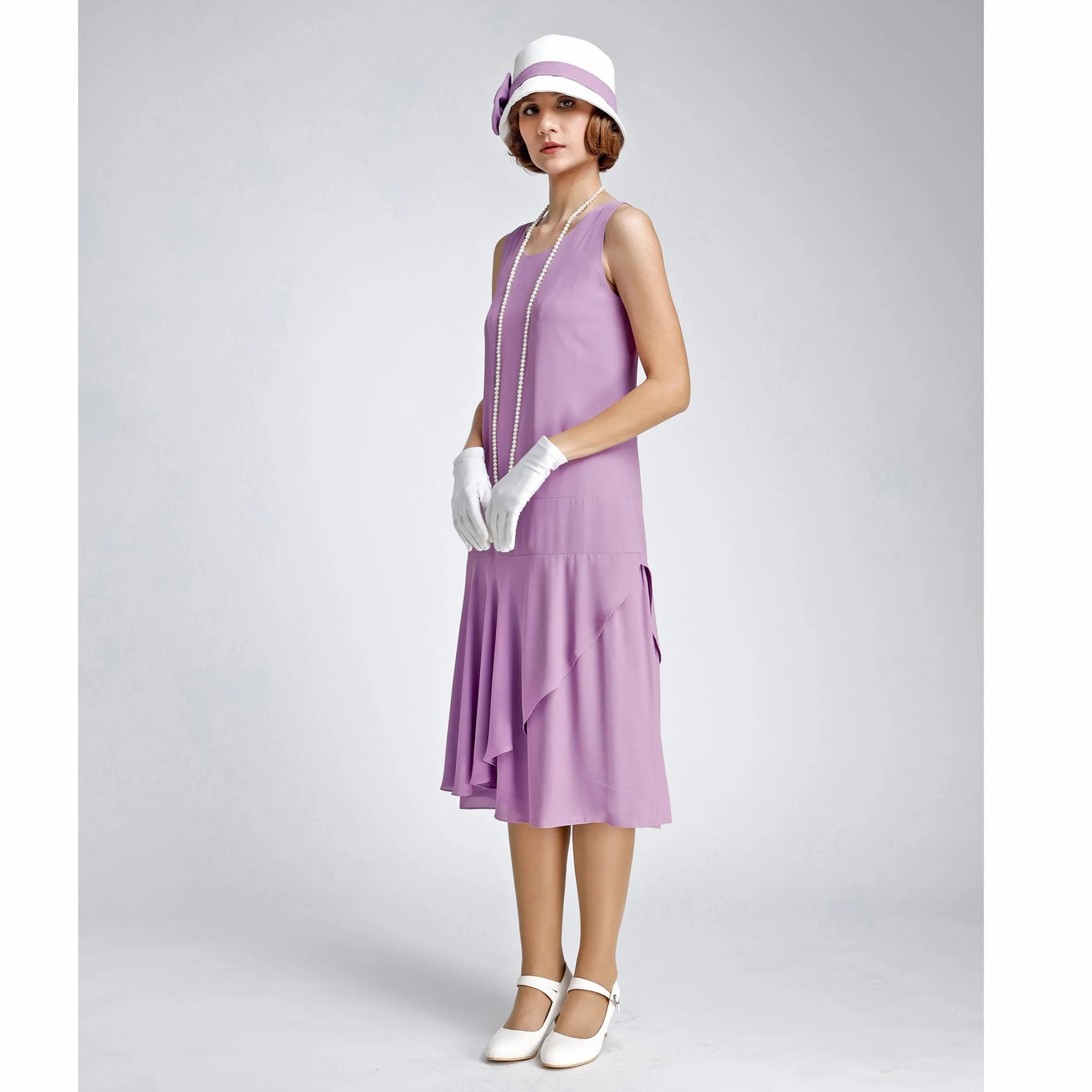 Lavender crepe georgette 1920s dress with a ruffled skirt detail