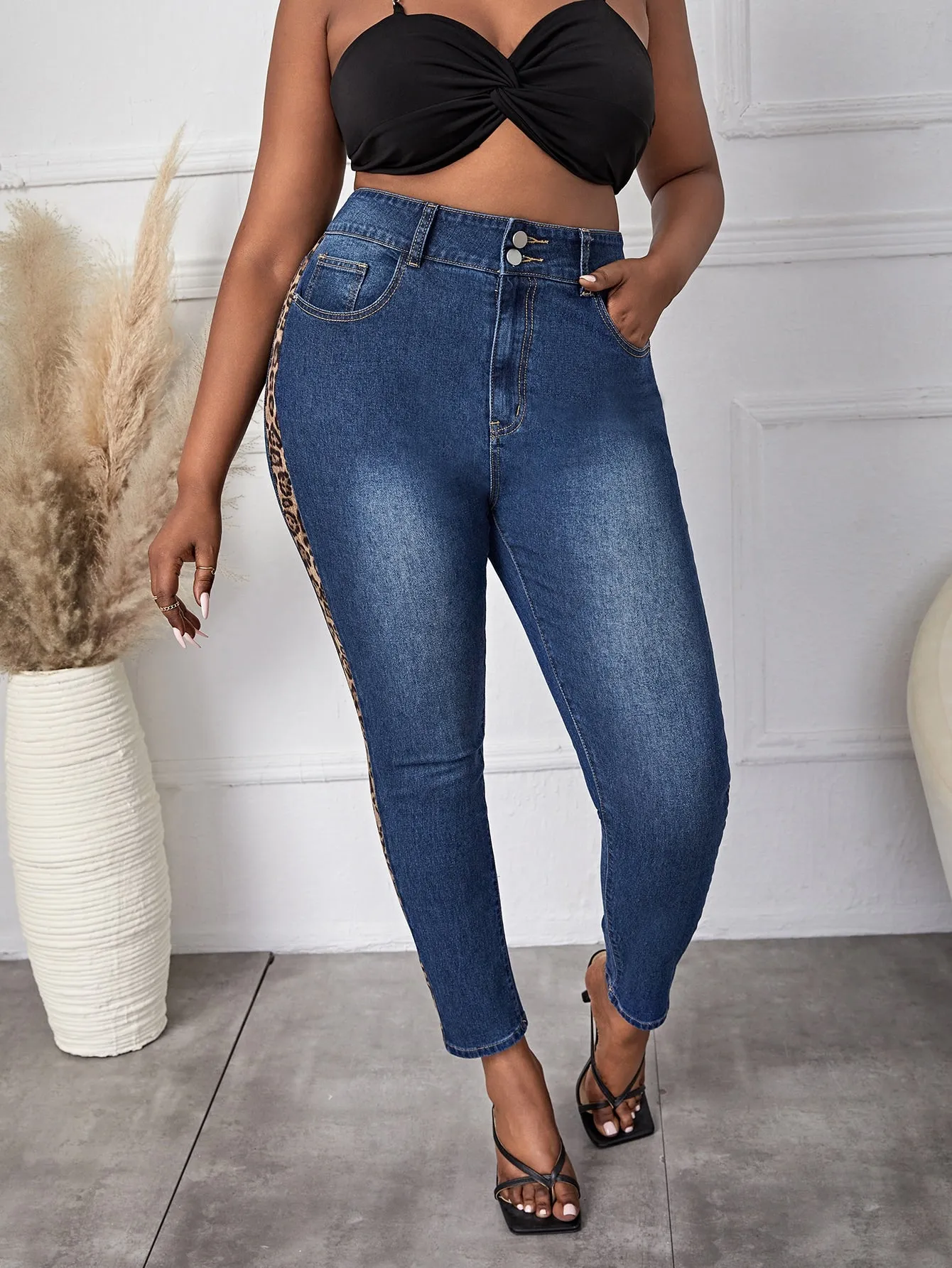 Leopard Zipper High Waist Cropped Plus Size Jeans