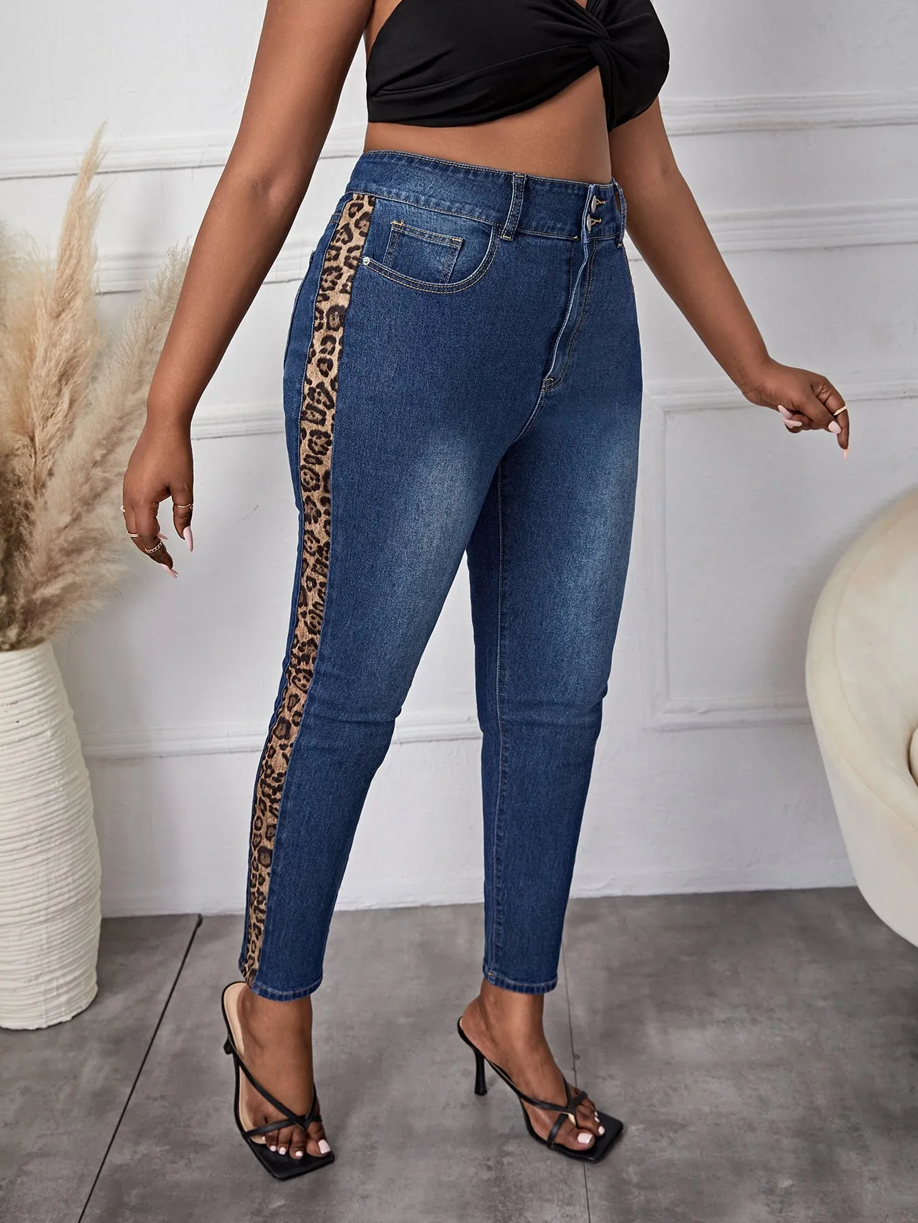 Leopard Zipper High Waist Cropped Plus Size Jeans