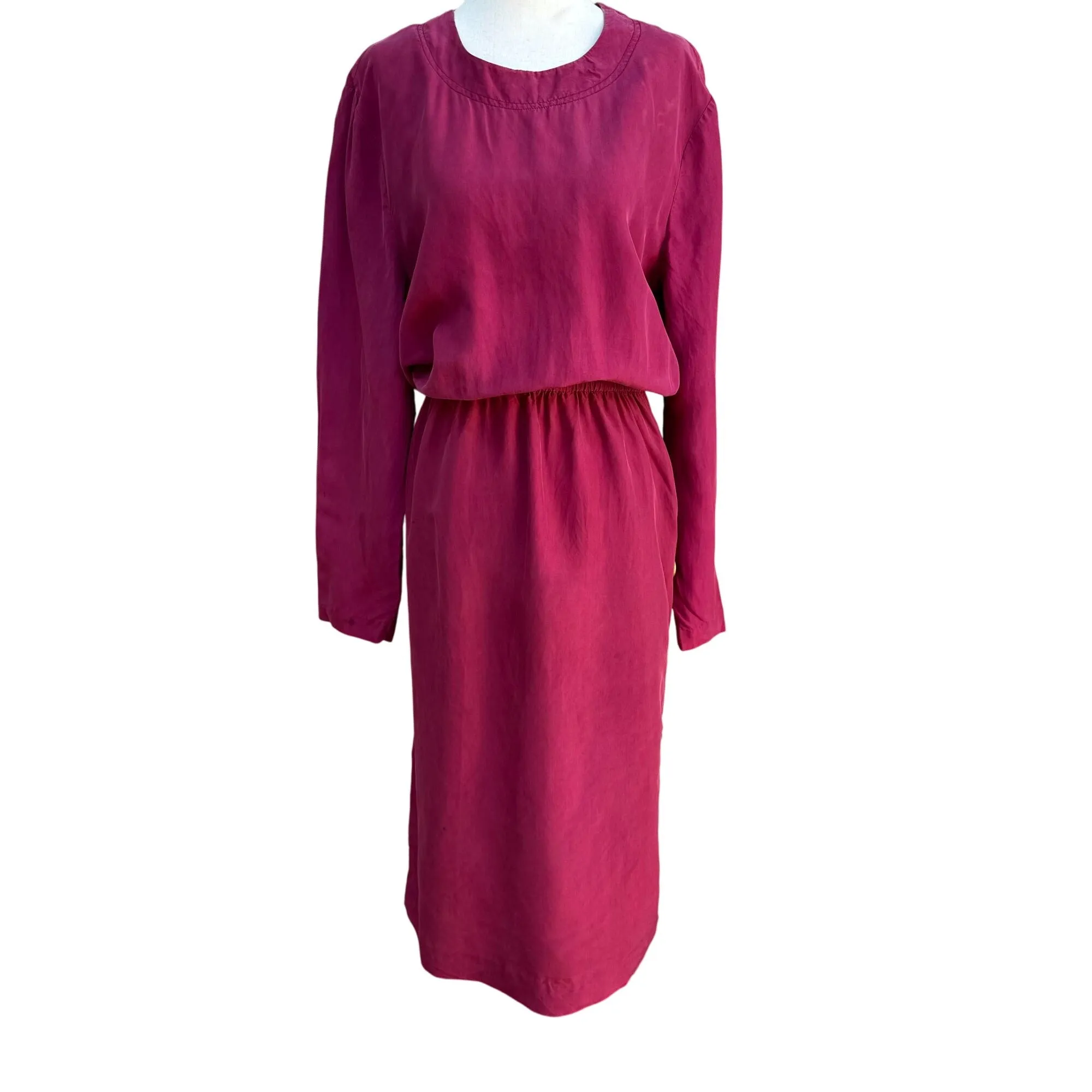 Leslie Fay Vintage Burgundy Long-Sleeve Side Button Detail Fitted Waist Dress 16