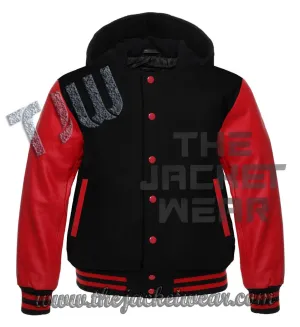 Lettermen Hoodies Black Wool & Red Leather Sleeve with Black/RedTrim