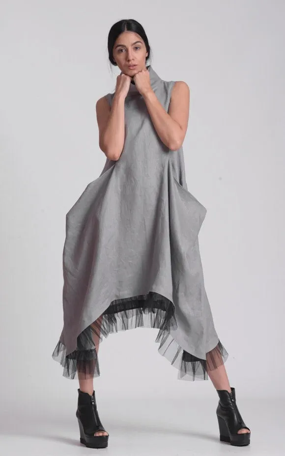 Linen Dress With Tulle Hem In Gray