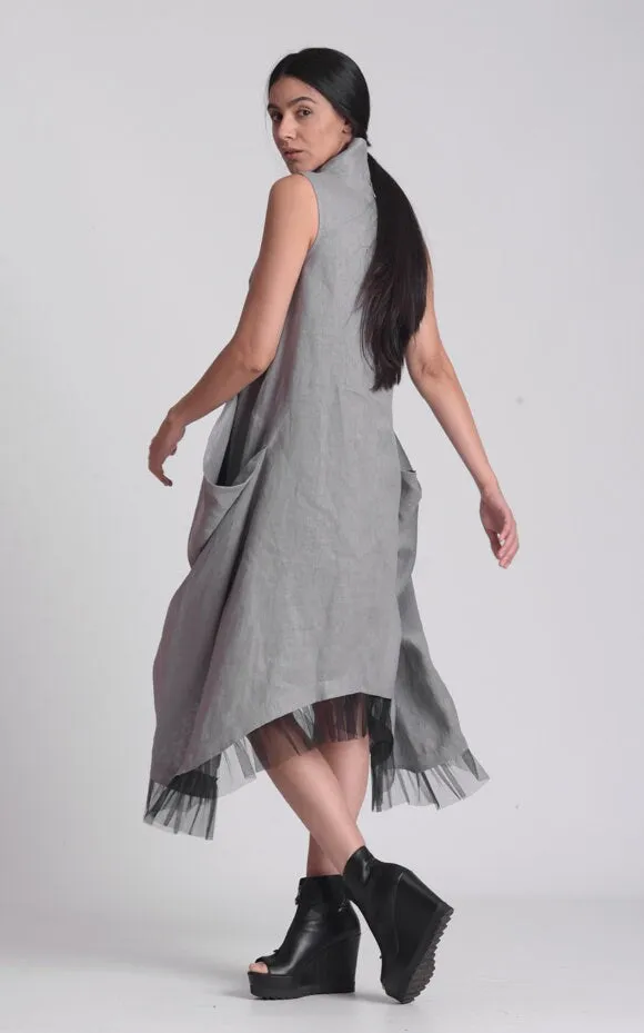 Linen Dress With Tulle Hem In Gray