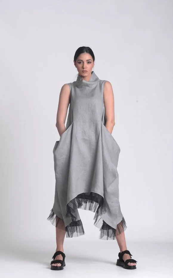 Linen Dress With Tulle Hem In Gray