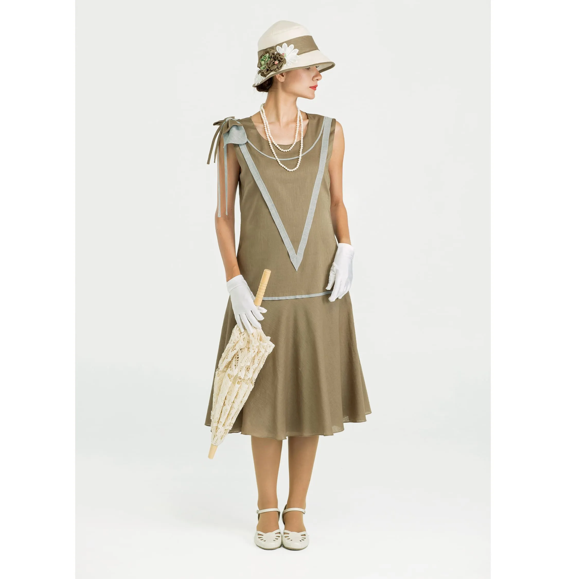 Linen Great Gatsby dress in olive green & grey