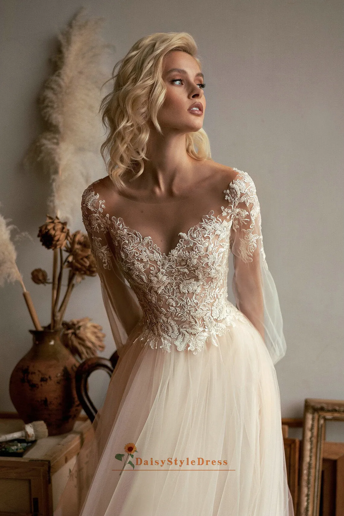 Long Sleeve Lace Boho Wedding Dress