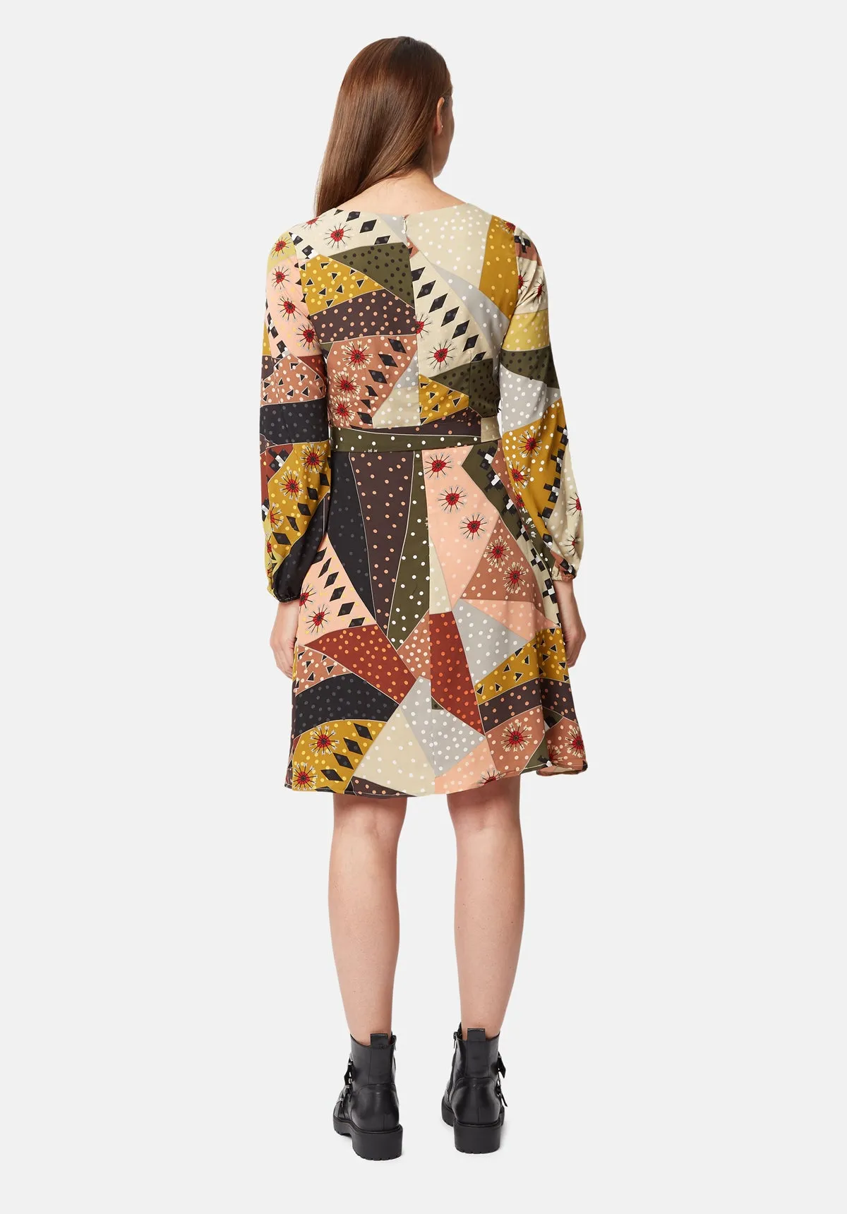 Long Sleeve Mini Cusp Dress in Patchwork Print