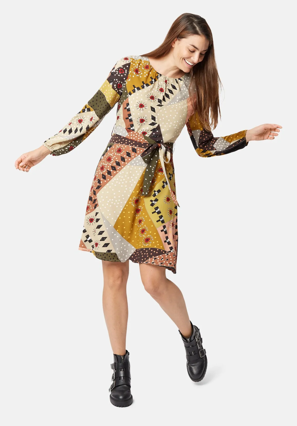 Long Sleeve Mini Cusp Dress in Patchwork Print