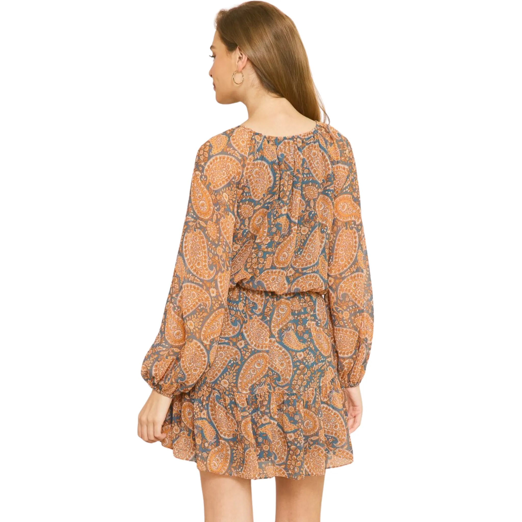 Long Sleeve Paisley Print Mini Dress