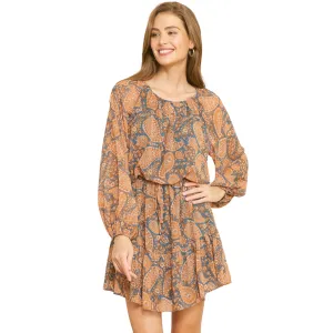 Long Sleeve Paisley Print Mini Dress