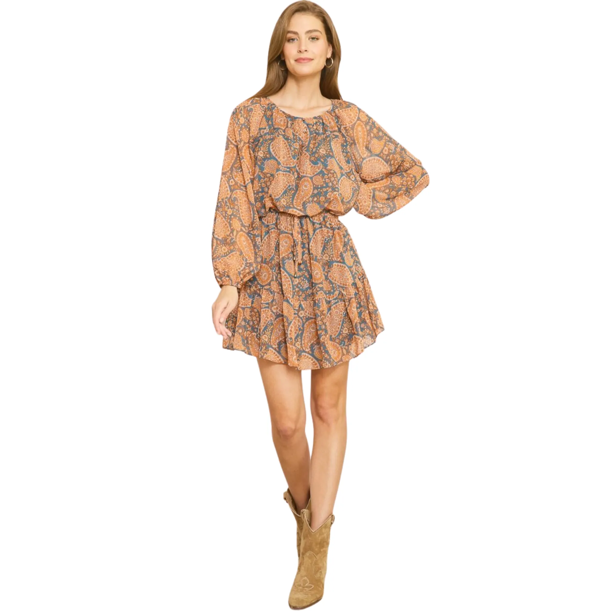 Long Sleeve Paisley Print Mini Dress