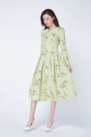 long sleeves floral romantic linen dress 1737