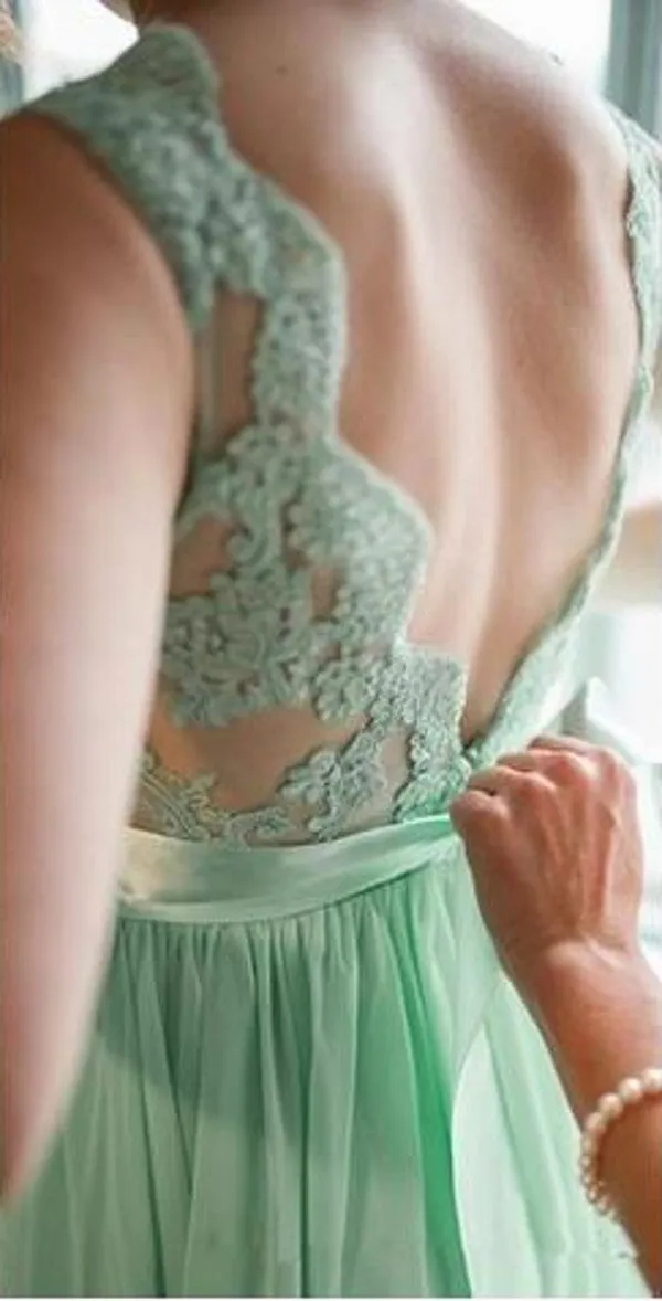 Long V-back Mint Green Lace Bridesmaid Dress