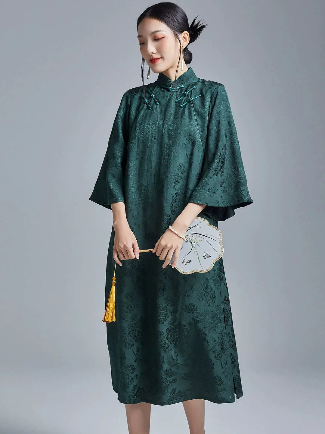 Loose Cheongsam Linen New Chinese Style Dress, Emerald