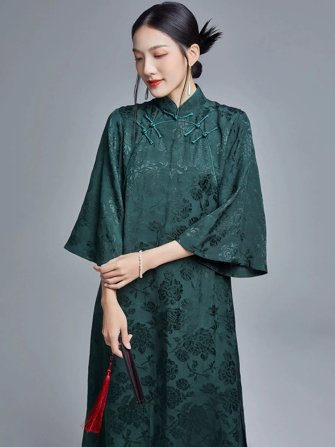 Loose Cheongsam Linen New Chinese Style Dress, Emerald