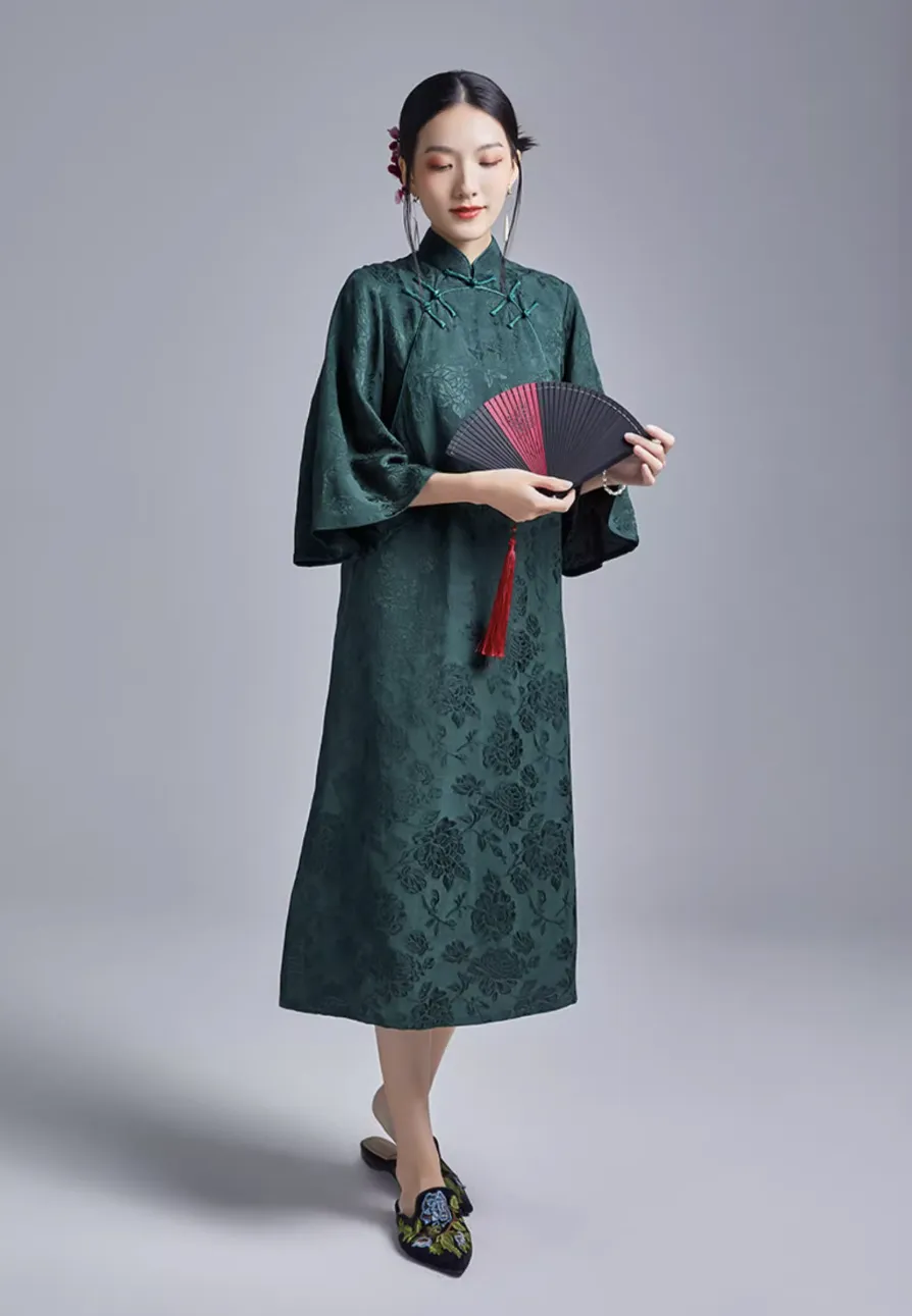 Loose Cheongsam Linen New Chinese Style Dress, Emerald