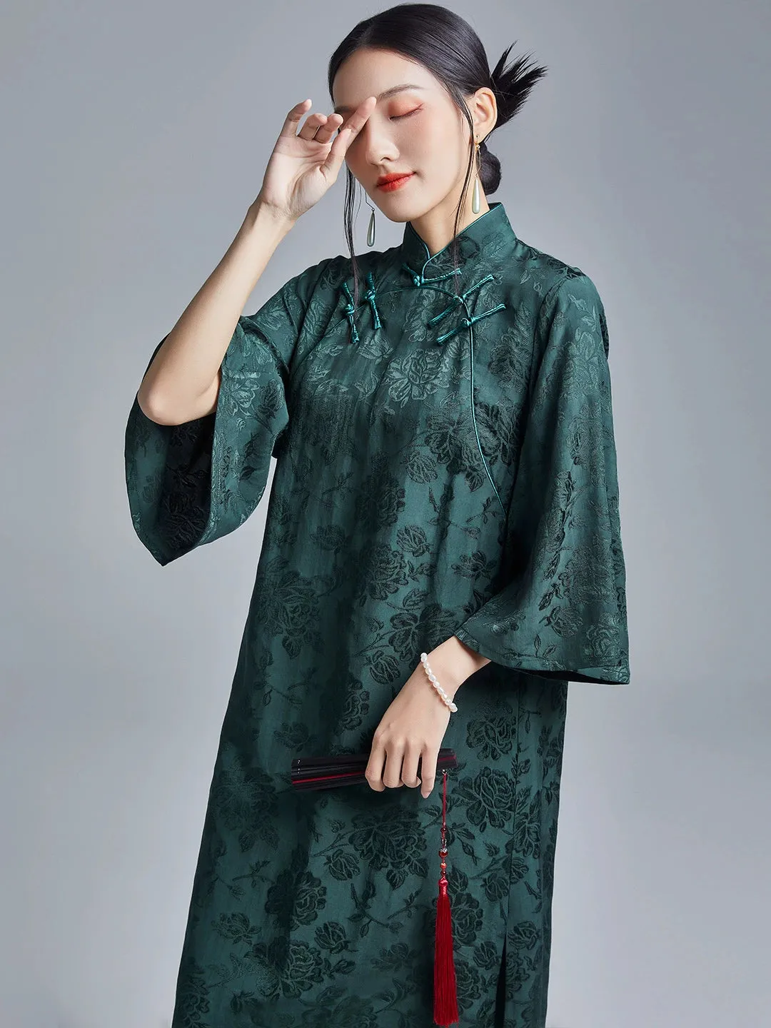 Loose Cheongsam Linen New Chinese Style Dress, Emerald