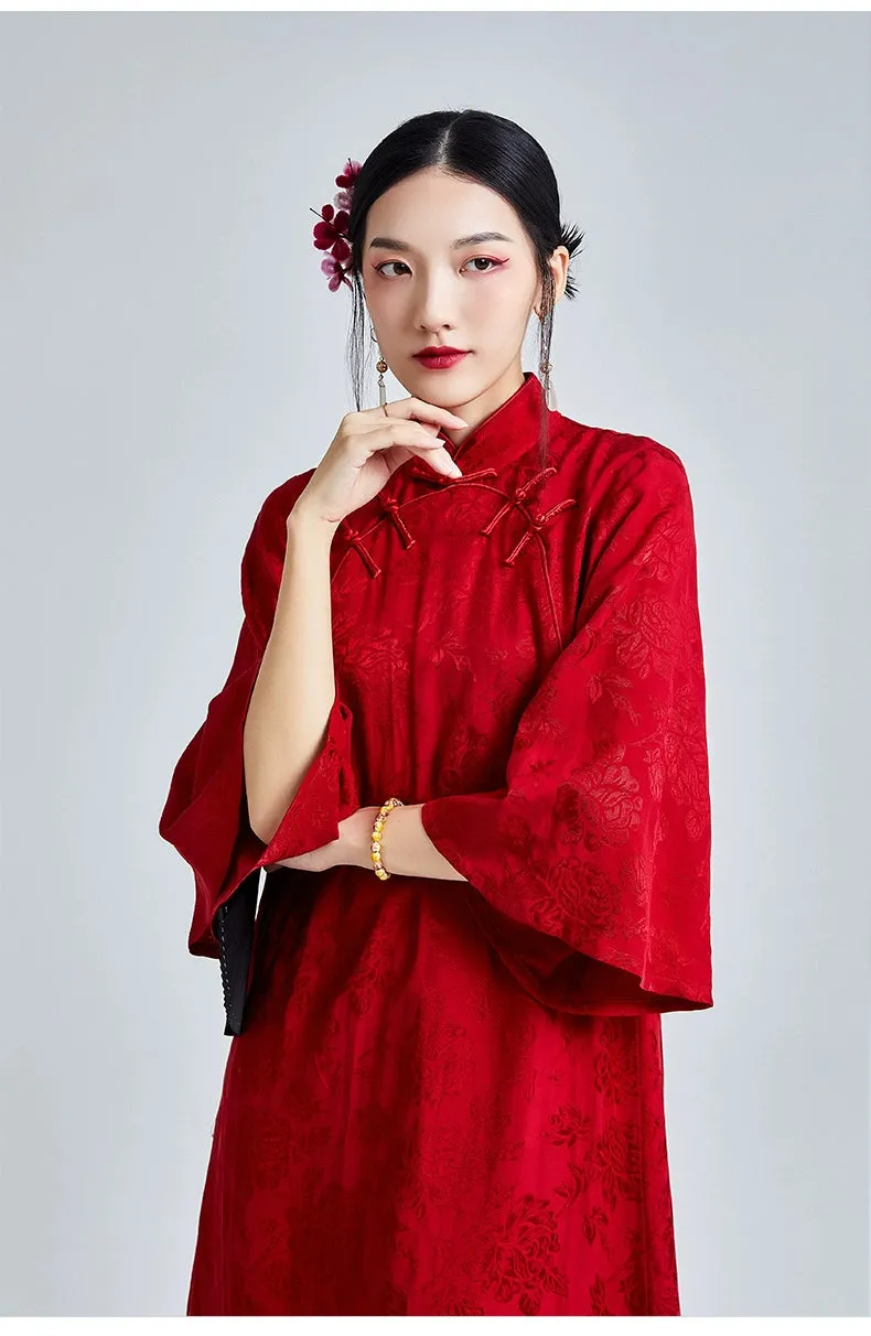 Loose Cheongsam Linen New Chinese Style Dress, Scarlet