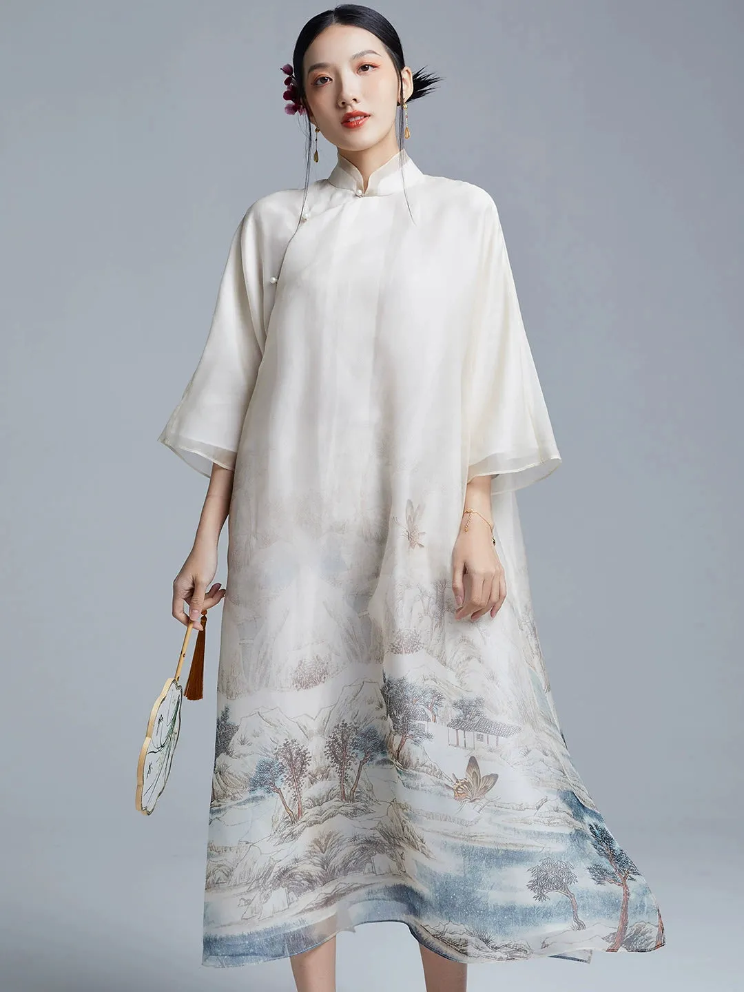 Loose Cheongsam Silk New Chinese Style Dress, Landscape