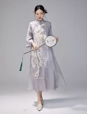 Loose Cheongsam Silk New Chinese Style Dress, White Phoenix