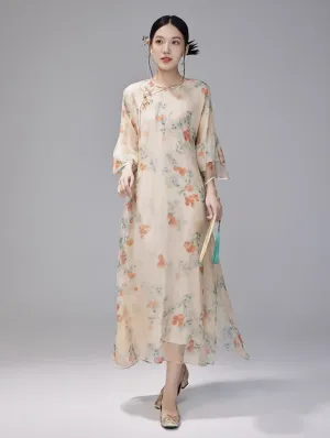 Loose Cheongsam Silk Organza New Chinese Style Dress, Litchi