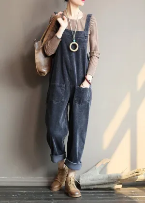 Loose gray corduroy pants overalls college style forest jumpsuit