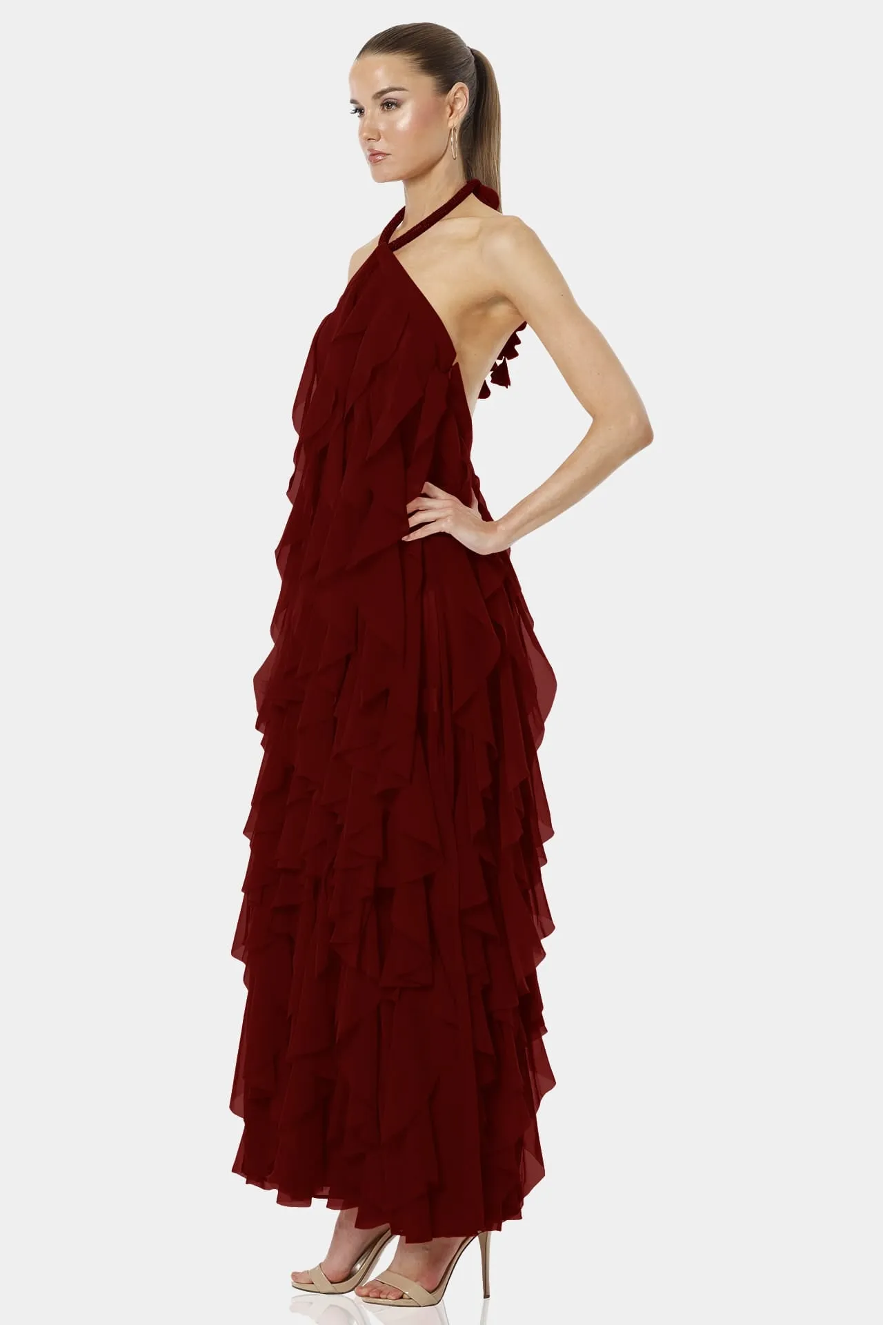 Maroon Maxi Dress With Playful Flirty Ruffles