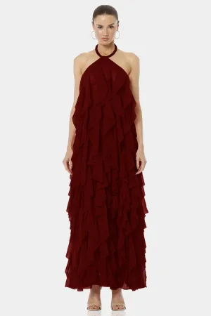 Maroon Maxi Dress With Playful Flirty Ruffles