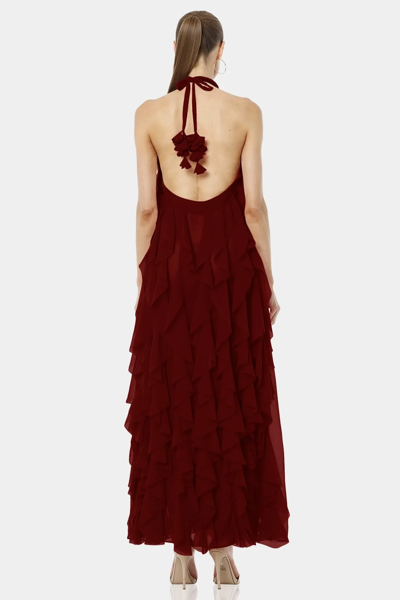 Maroon Maxi Dress With Playful Flirty Ruffles