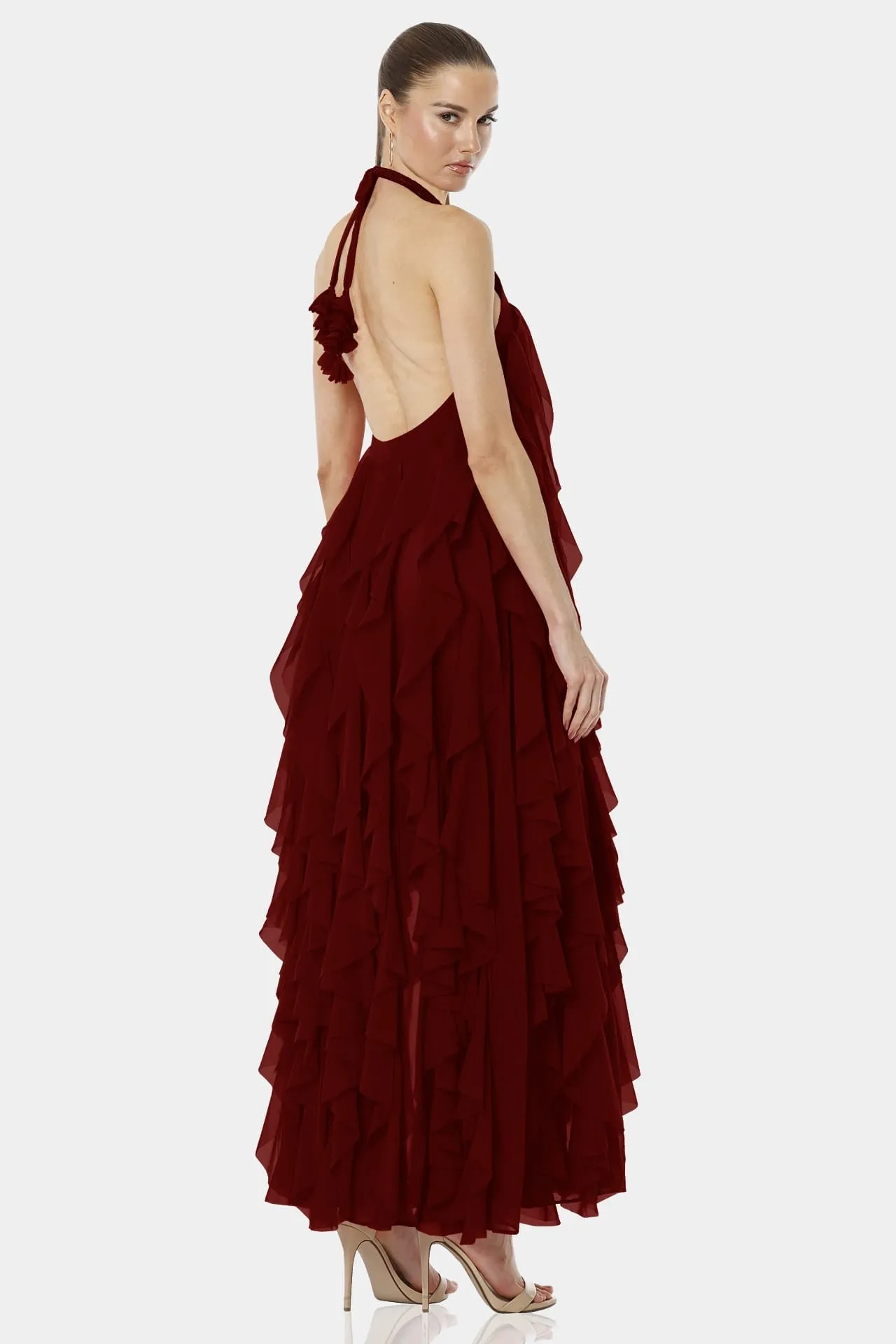 Maroon Maxi Dress With Playful Flirty Ruffles