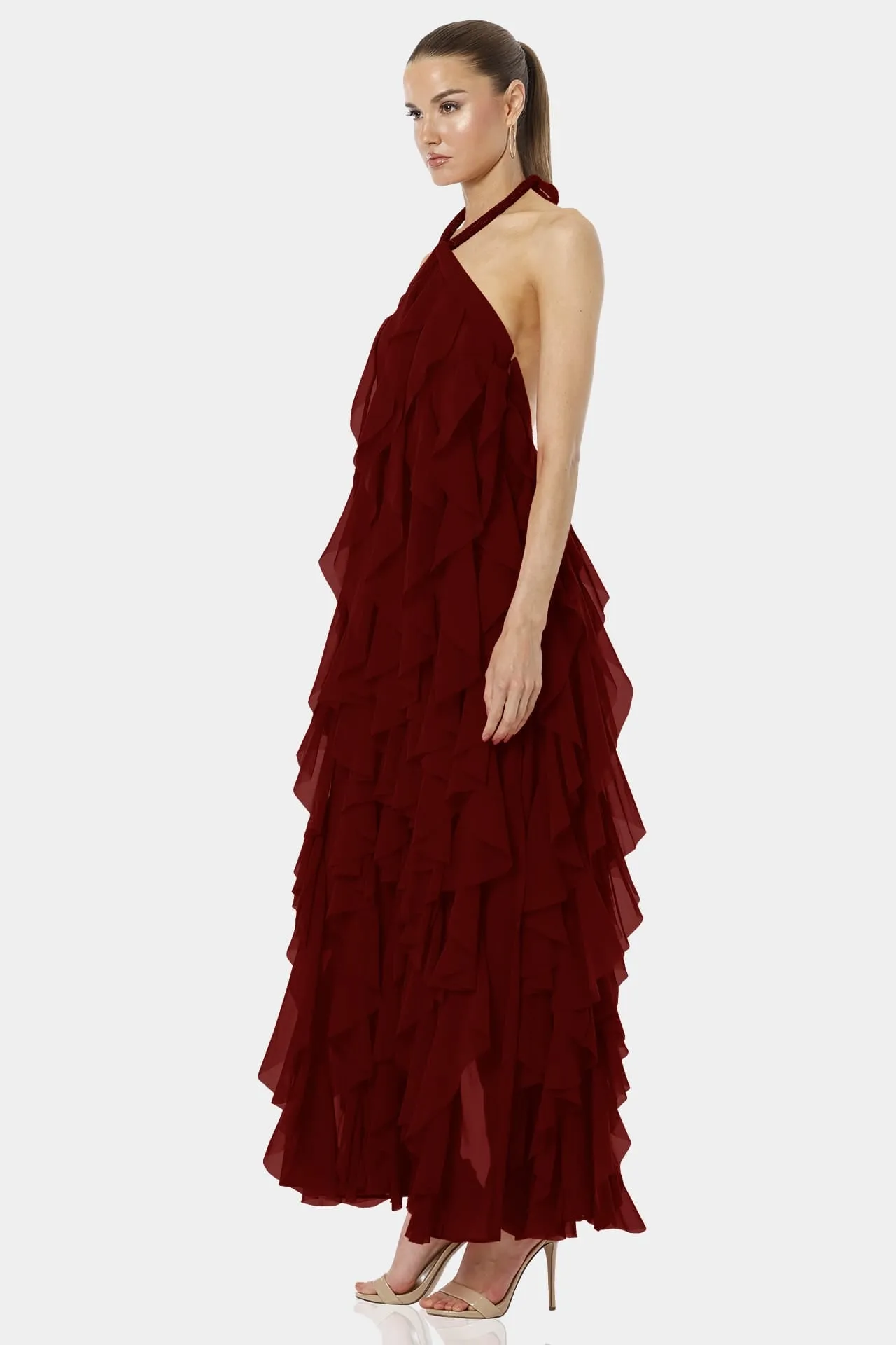 Maroon Maxi Dress With Playful Flirty Ruffles