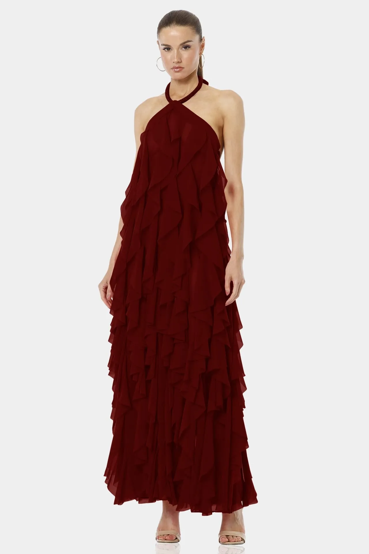 Maroon Maxi Dress With Playful Flirty Ruffles