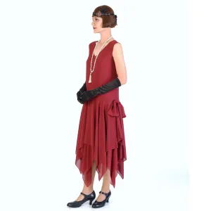 Maroon red 1920s party dress of chiffon with handkerchief skirt