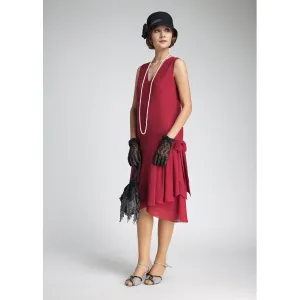 Maroon red chiffon flapper dress with drape and bow