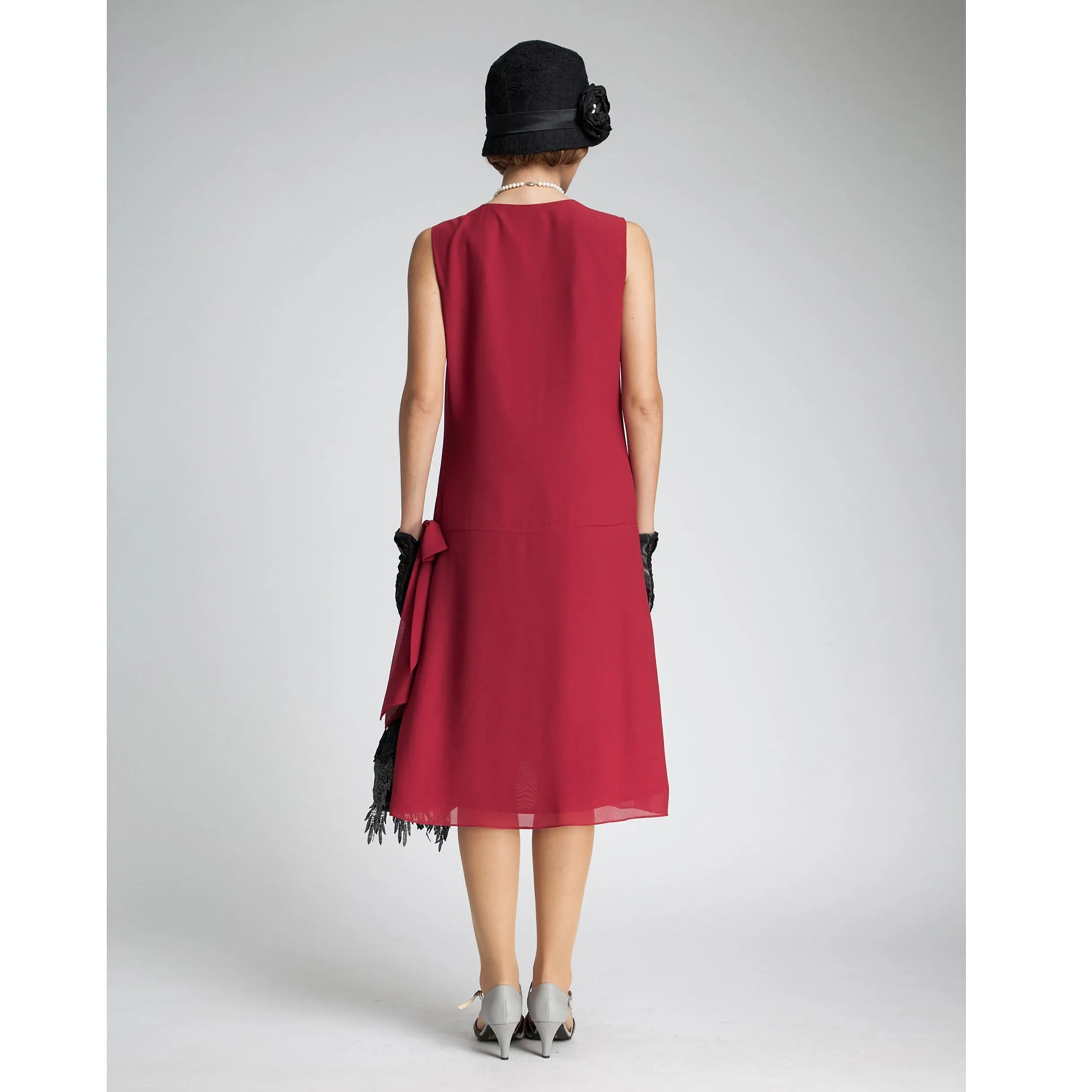 Maroon red chiffon flapper dress with drape and bow