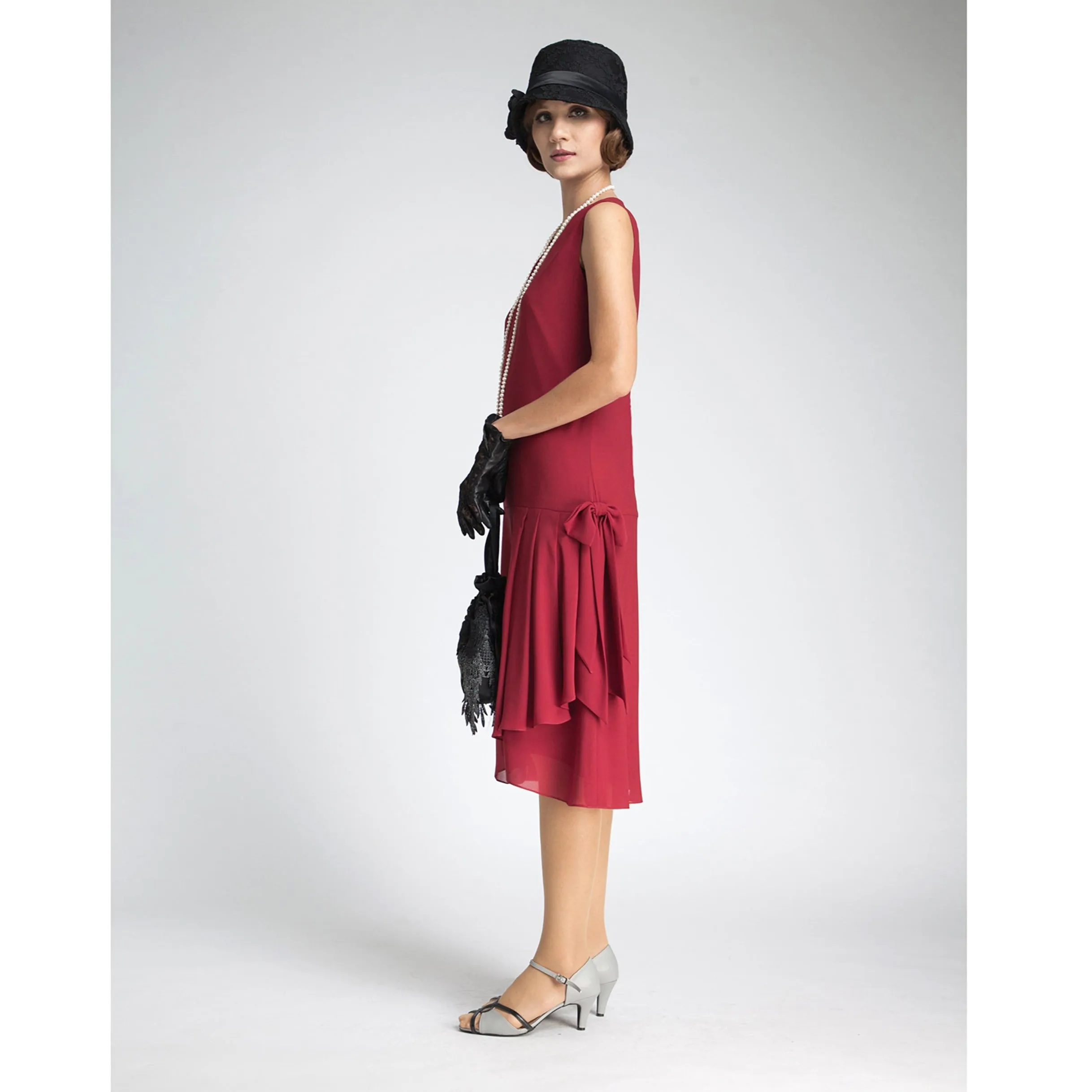 Maroon red chiffon flapper dress with drape and bow