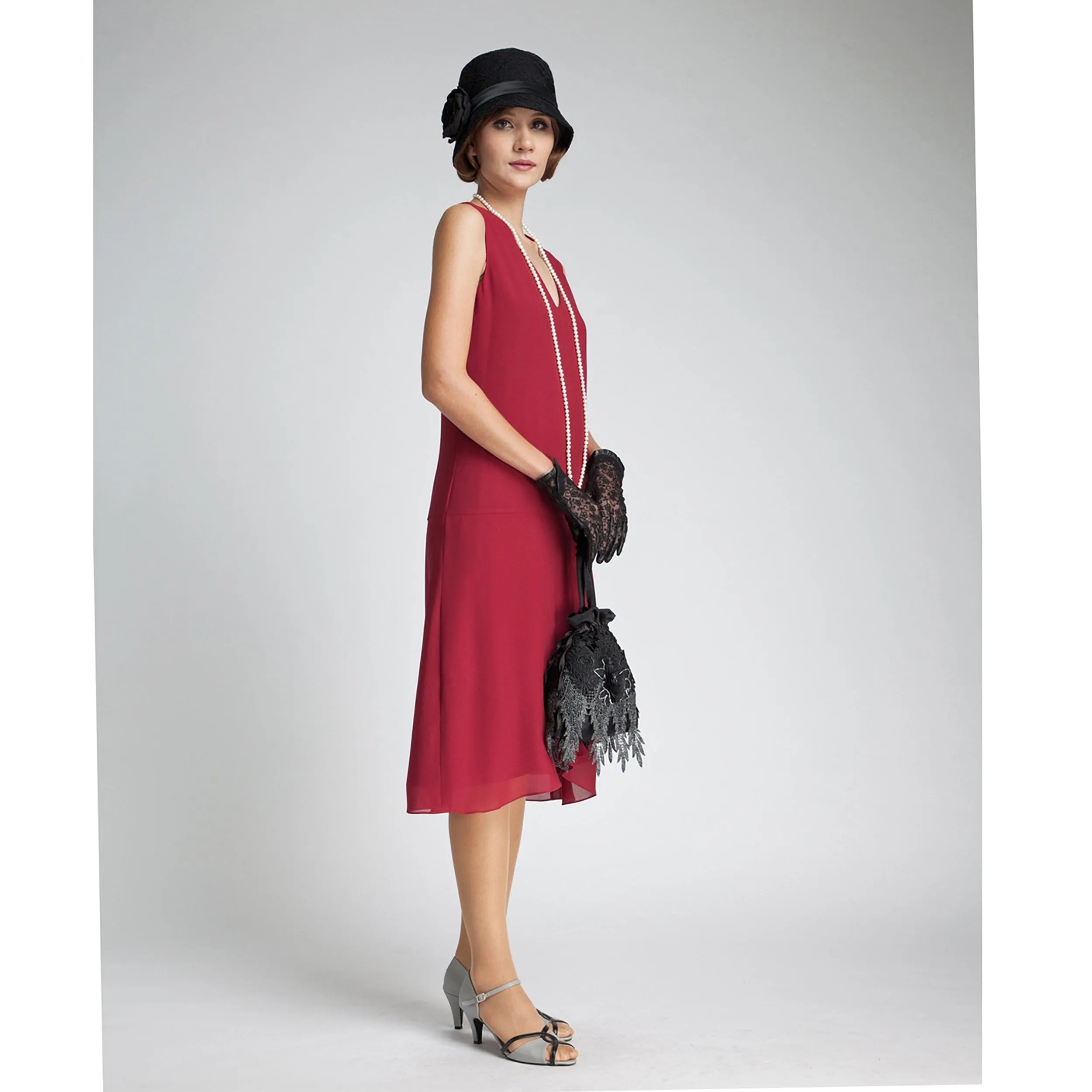 Maroon red chiffon flapper dress with drape and bow