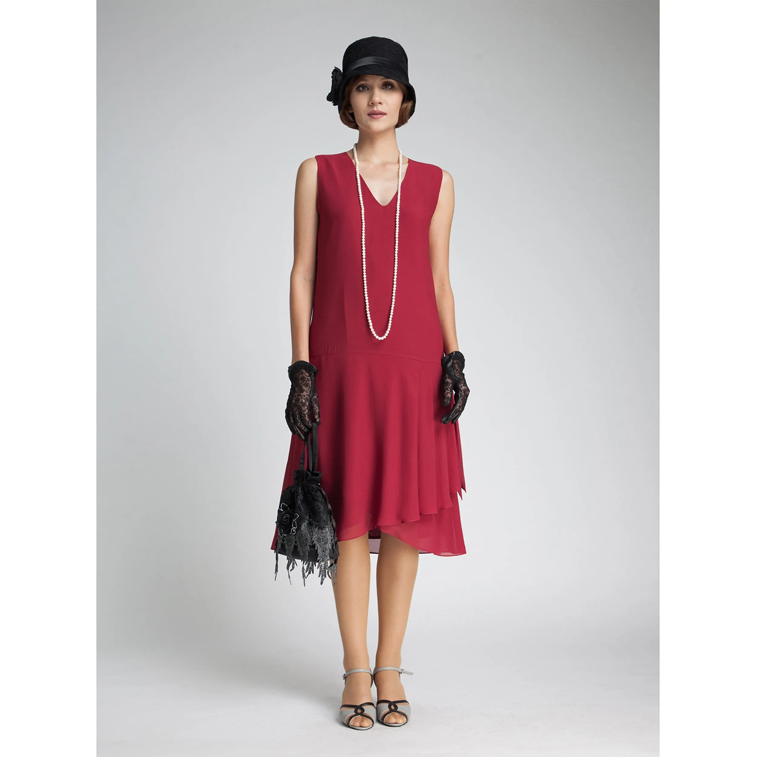 Maroon red chiffon flapper dress with drape and bow