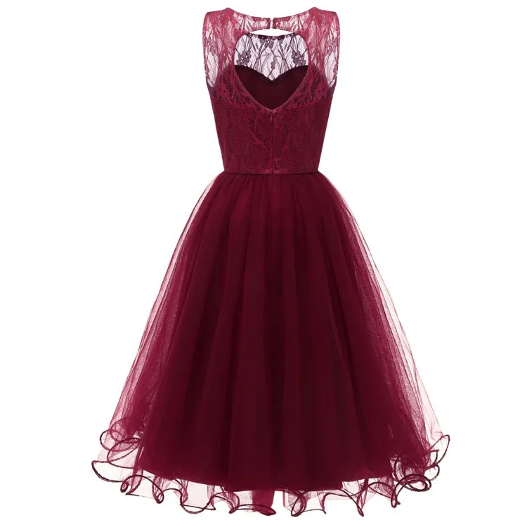 Maroon Retro Prom Dress Modest Lace Top Tulle Dress Short Homecoming Dress