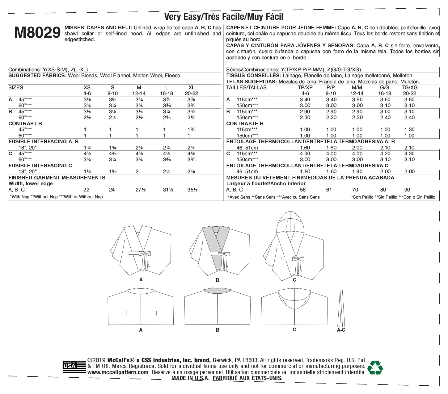 McCall's Pattern M8029 Misses' Capes & Belt