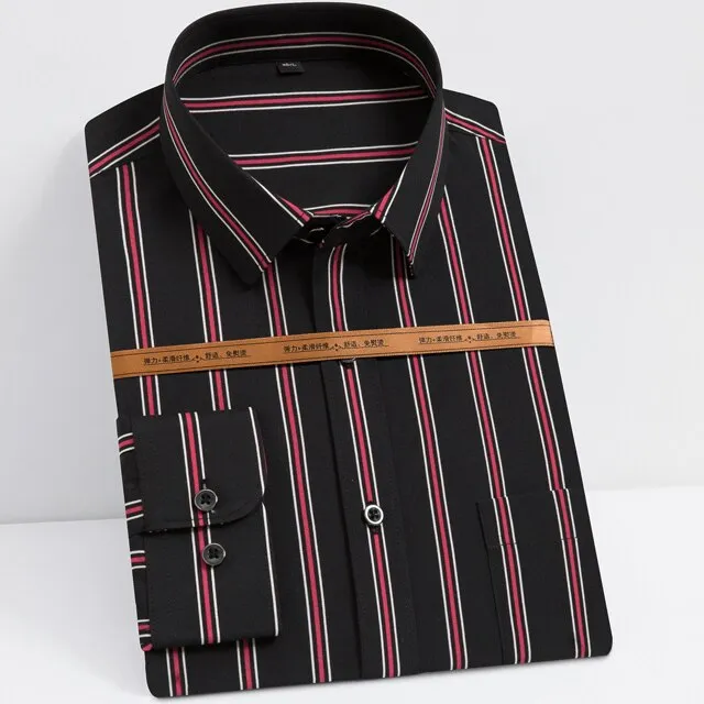 Men's Fashion Long Sleeve Silky Fabric Striped Shirts Single Patch Pocket Work Casual Standard-fit Easy Care Classic Dress Shirt