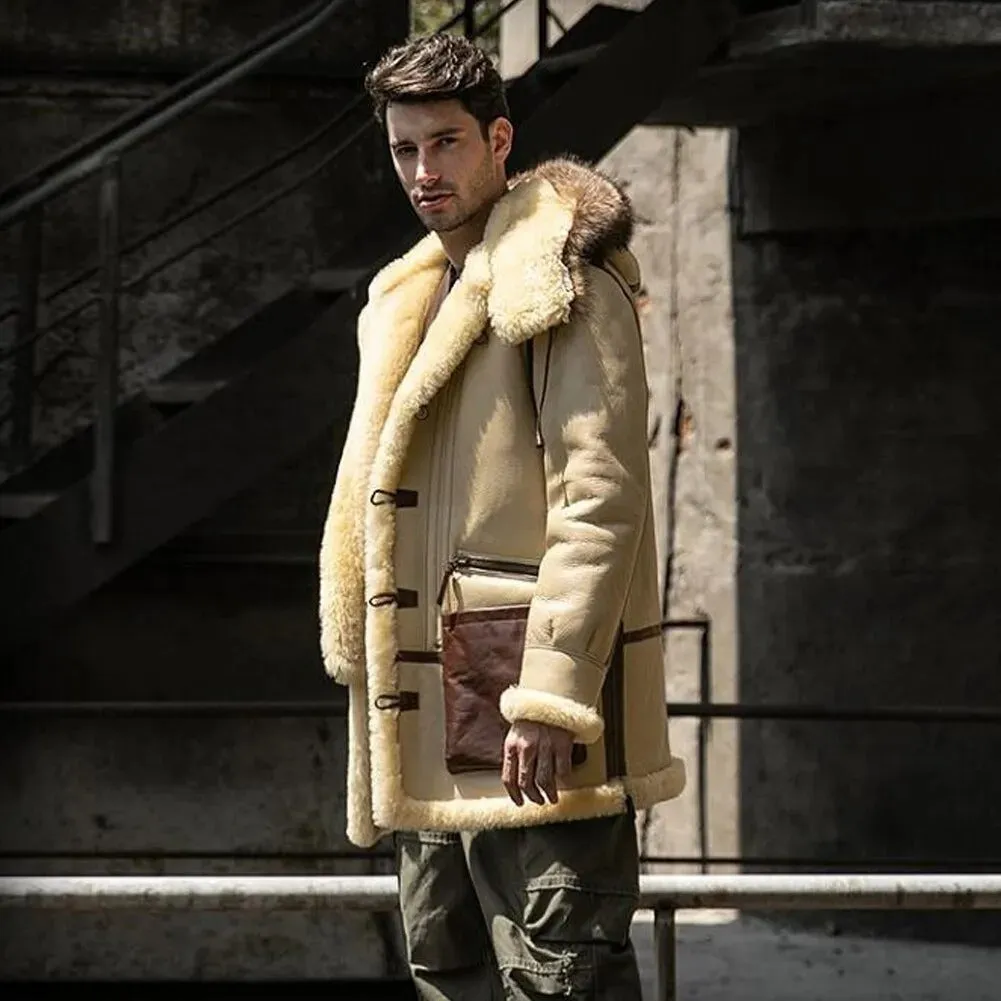 Men's Ivory Yellow Leather Shearling Jacket - Hooded Sheepskin Coat