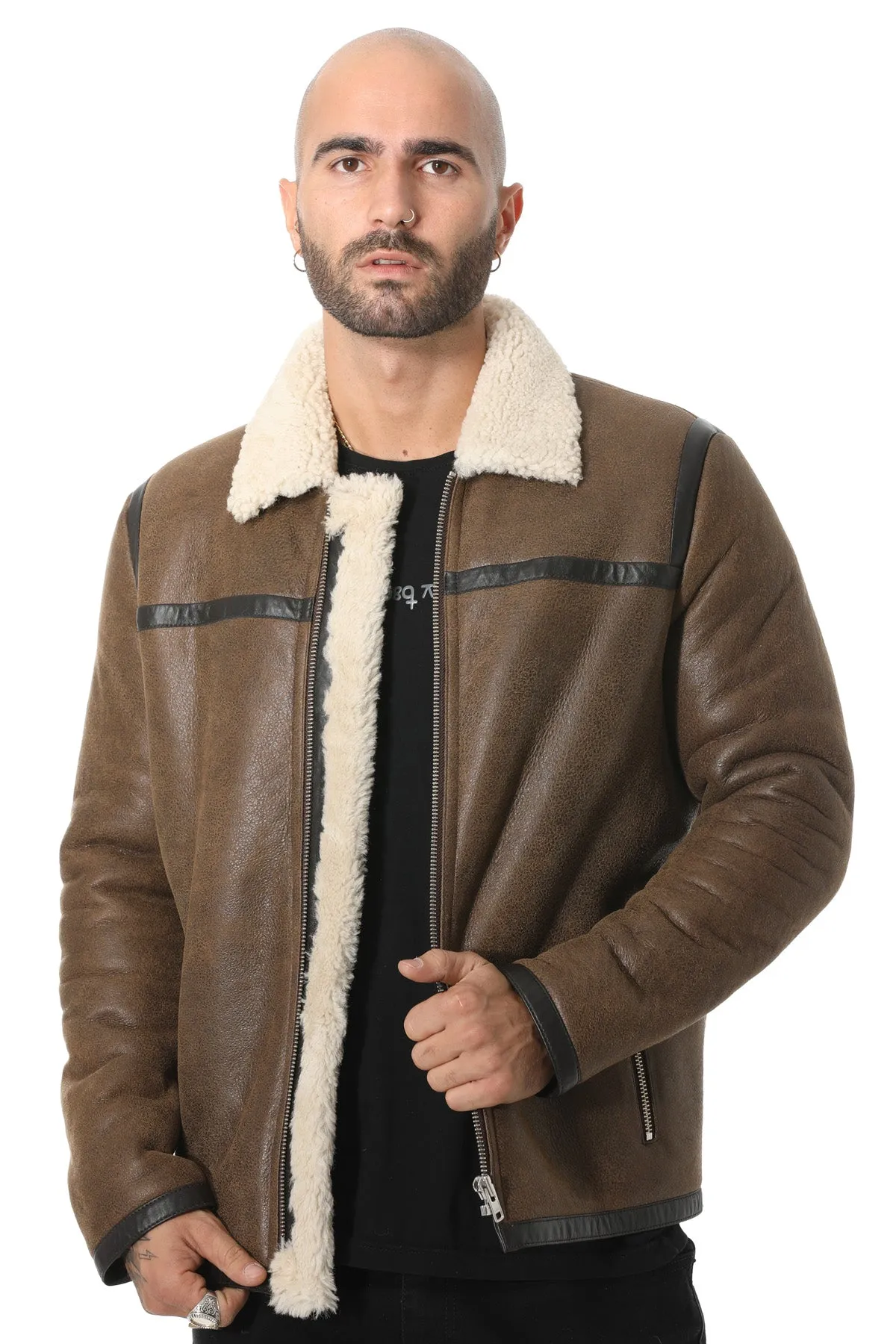 Men's Leather Banded Sheepskin Casual Jacket, Vintage Camel with Beige Curly Wool