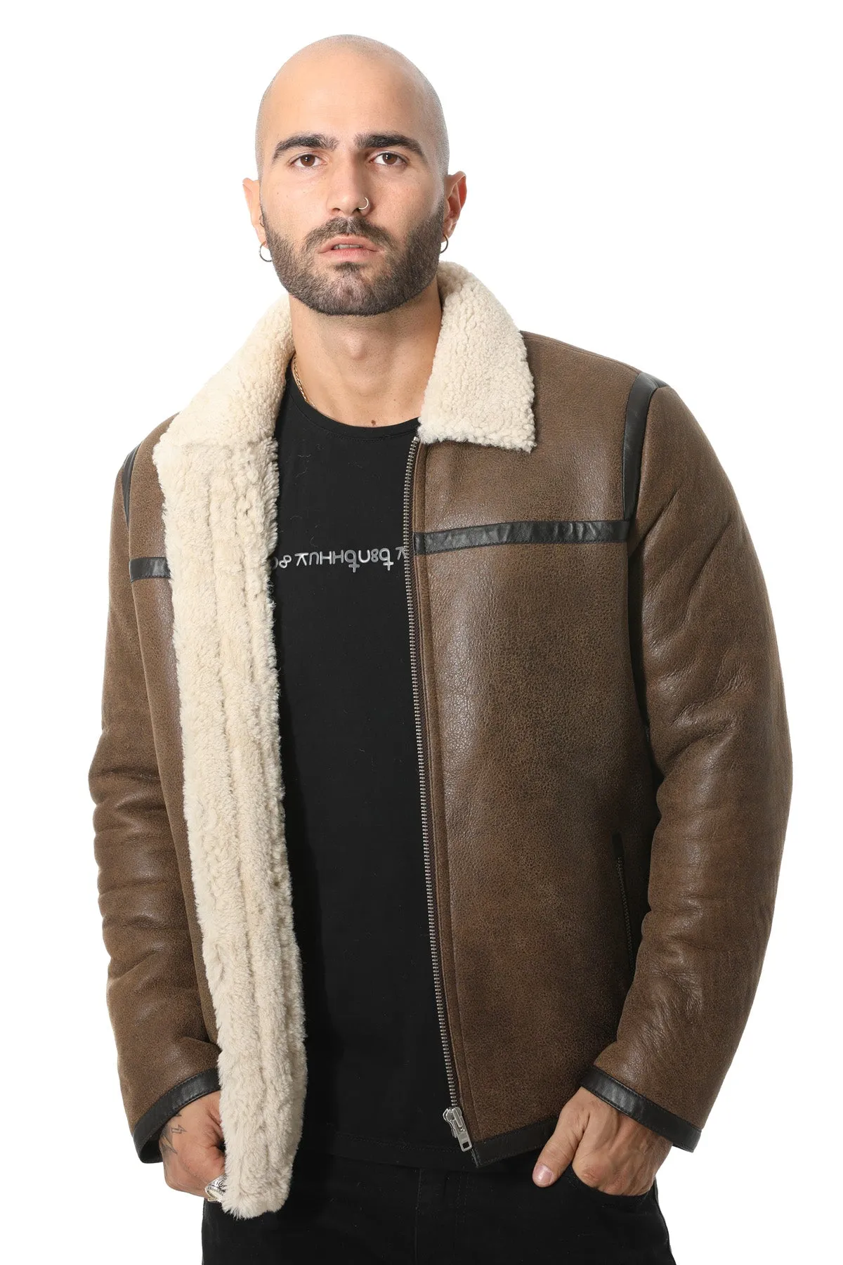 Men's Leather Banded Sheepskin Casual Jacket, Vintage Camel with Beige Curly Wool