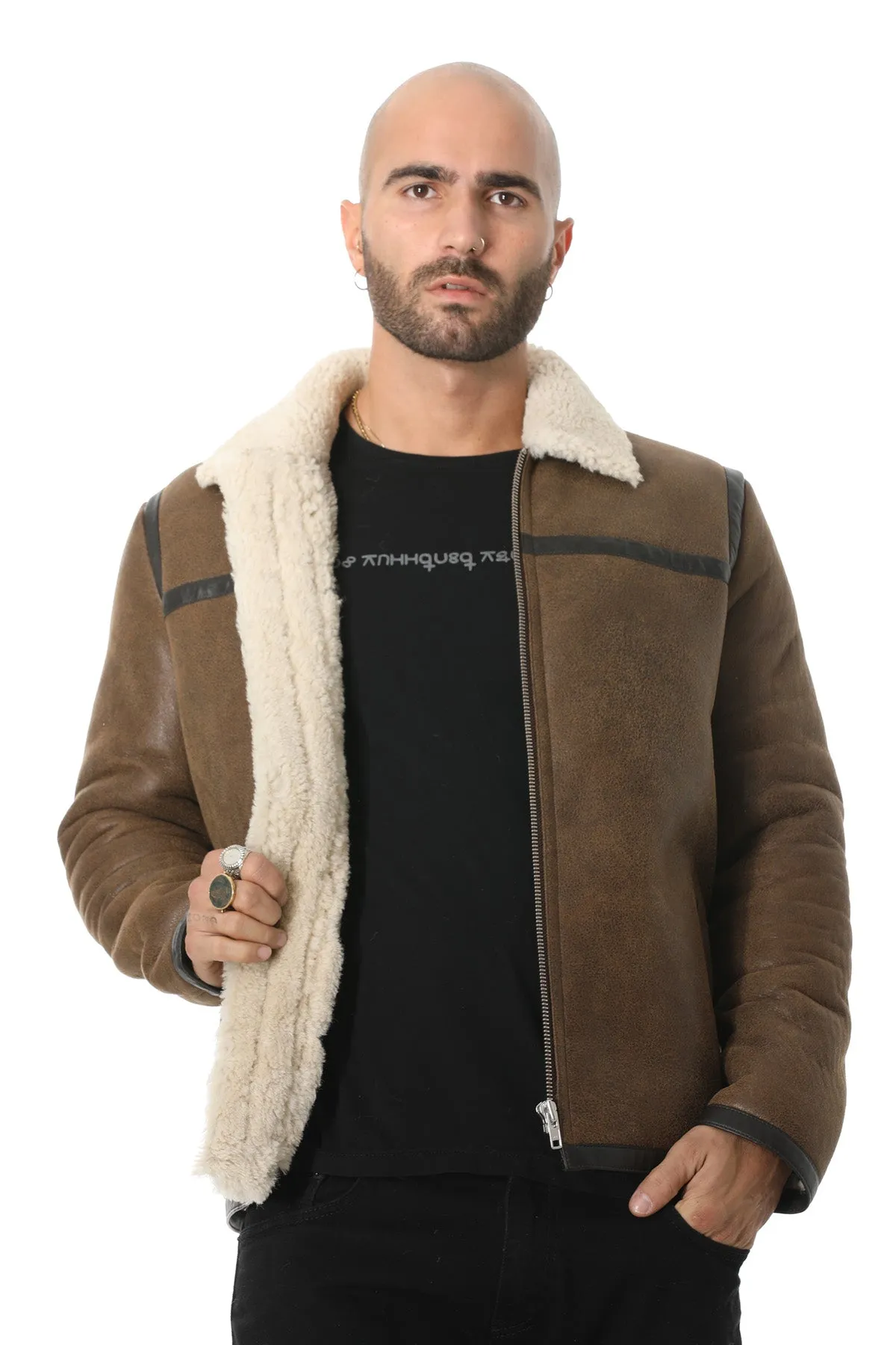 Men's Leather Banded Sheepskin Casual Jacket, Vintage Camel with Beige Curly Wool