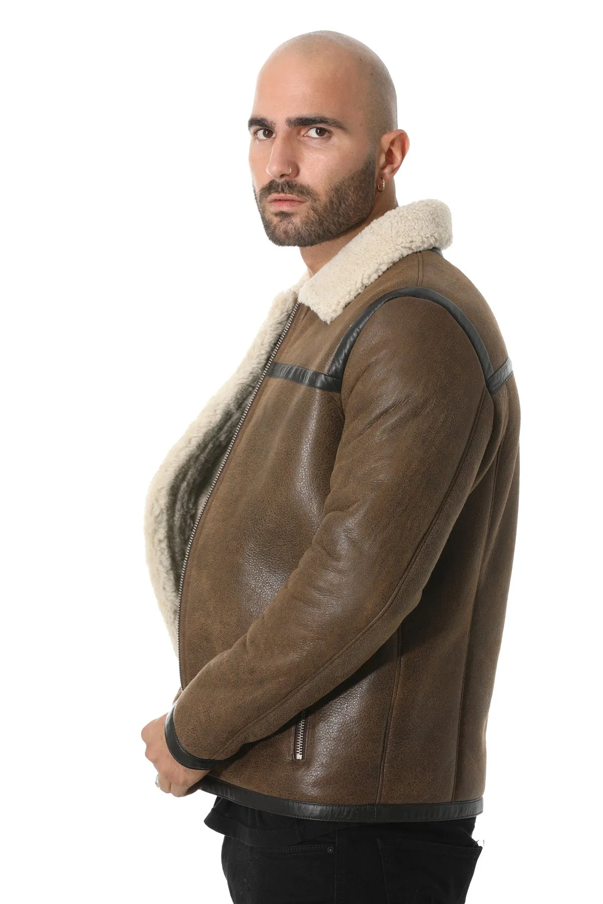 Men's Leather Banded Sheepskin Casual Jacket, Vintage Camel with Beige Curly Wool