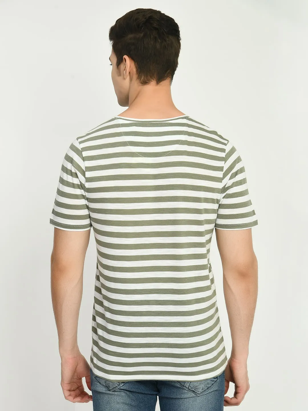 Men's Olive White Striped T-Shirt